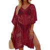 imageWomens Lace Bathing Suit Cover Up V Neck Swimsuit Coverup Summer Swim Coverups Loose Bikini Beach DressDeep Red