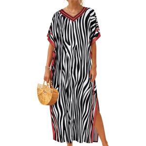 imageCHICGAL Kaftan Dresses for Women Oversized Long Batwing Sleeve Caftan V Neck Beach Cover Ups Summer Maxi DressBlack White Stripes