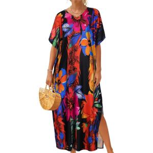 imageCHICGAL Kaftan Dresses for Women Oversized Long Batwing Sleeve Caftan V Neck Beach Cover Ups Summer Maxi DressOrange Red Flowers