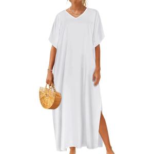 imageCHICGAL Kaftan Dresses for Women Oversized Long Batwing Sleeve Caftan V Neck Beach Cover Ups Summer Maxi DressWhite