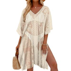 imageWomens Lace Bathing Suit Cover Up V Neck Swimsuit Coverup Summer Swim Coverups Loose Bikini Beach DressBeige