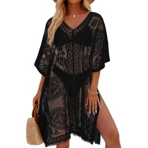 imageWomens Lace Bathing Suit Cover Up V Neck Swimsuit Coverup Summer Swim Coverups Loose Bikini Beach DressBlack