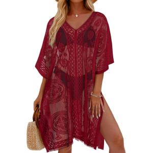 imageWomens Lace Bathing Suit Cover Up V Neck Swimsuit Coverup Summer Swim Coverups Loose Bikini Beach DressDeep Red