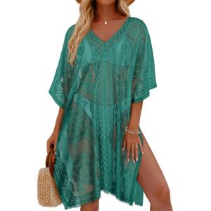 imageWomens Lace Bathing Suit Cover Up V Neck Swimsuit Coverup Summer Swim Coverups Loose Bikini Beach DressGreen