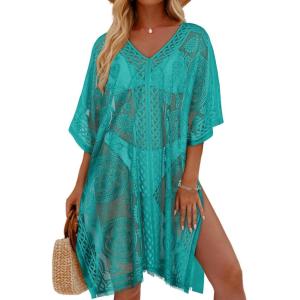 imageWomens Lace Bathing Suit Cover Up V Neck Swimsuit Coverup Summer Swim Coverups Loose Bikini Beach DressLake Blue