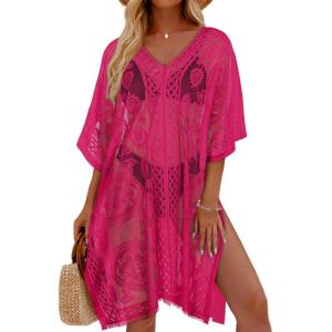 imageWomens Lace Bathing Suit Cover Up V Neck Swimsuit Coverup Summer Swim Coverups Loose Bikini Beach DressPink