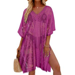imageWomens Lace Bathing Suit Cover Up V Neck Swimsuit Coverup Summer Swim Coverups Loose Bikini Beach DressRose Red