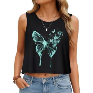 imageWomens Crop Tops Summer Casual Sleeveless Tank Loose Fit Basic ShirtsBlack Green Butterfly