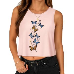 imageWomens Crop Tops Summer Casual Sleeveless Tank Loose Fit Basic ShirtsMisty Rose Butterfly