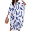 imageCHICGAL Womens Kaftan Dresses Long Caftans Plus Size Batwing Sleeve Swimsuit Coverup V Neck Summer Beach DressBlue Feather Leaves