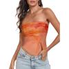 imageTube Top Strapless Mesh Floral Crop Tops Asymmetrical Hem Ruched Bandeau Going Out Summer Sleeveless ShirtsLarge Orange Flower Print