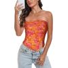 imageTube Top Strapless Mesh Floral Crop Tops Asymmetrical Hem Ruched Bandeau Going Out Summer Sleeveless ShirtsOrange Pink Floral Print