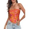 imageTube Top Strapless Mesh Floral Crop Tops Asymmetrical Hem Ruched Bandeau Going Out Summer Sleeveless ShirtsOrange Pink Floral Print