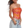 imageTube Top Strapless Mesh Floral Crop Tops Asymmetrical Hem Ruched Bandeau Going Out Summer Sleeveless ShirtsOrange Pink Floral Print