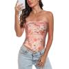 imageTube Top Strapless Mesh Floral Crop Tops Asymmetrical Hem Ruched Bandeau Going Out Summer Sleeveless ShirtsSmall Light Orange Flower