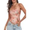 imageTube Top Strapless Mesh Floral Crop Tops Asymmetrical Hem Ruched Bandeau Going Out Summer Sleeveless ShirtsSmall Light Orange Flower