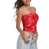 imageTube Top Strapless Mesh Floral Crop Tops Asymmetrical Hem Ruched Bandeau Going Out Summer Sleeveless ShirtsTie Dye Red Print