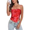imageTube Top Strapless Mesh Floral Crop Tops Asymmetrical Hem Ruched Bandeau Going Out Summer Sleeveless ShirtsTie Dye Red Print