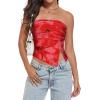imageTube Top Strapless Mesh Floral Crop Tops Asymmetrical Hem Ruched Bandeau Going Out Summer Sleeveless ShirtsTie Dye Red Print