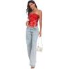 imageTube Top Strapless Mesh Floral Crop Tops Asymmetrical Hem Ruched Bandeau Going Out Summer Sleeveless ShirtsTie Dye Red Print