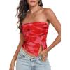 imageTube Top Strapless Mesh Floral Crop Tops Asymmetrical Hem Ruched Bandeau Going Out Summer Sleeveless ShirtsTie Dye Red Print