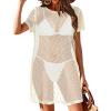 imageCHICGAL Womens Bathing Cover Ups Knit Bikini Short Sleeve Swimsuit Coverup Summer Swimwear Hollow Out Beach DressApricot