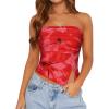 imageTube Top Strapless Mesh Floral Crop Tops Asymmetrical Hem Ruched Bandeau Going Out Summer Sleeveless ShirtsTie Dye Red Print
