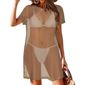 imageCHICGAL Womens Bathing Cover Ups Knit Bikini Short Sleeve Swimsuit Coverup Summer Swimwear Hollow Out Beach DressBrown