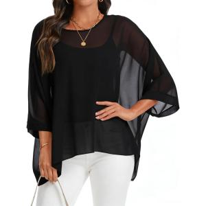 imageCHICGAL Womens Beach Cover ups Chiffon Poncho Tops Batwing Sleeve Casual Loose Fit Summer BlousesBlack