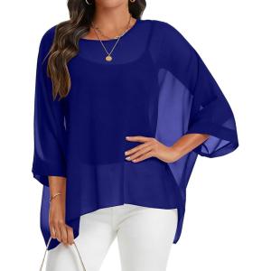 imageCHICGAL Womens Beach Cover ups Chiffon Poncho Tops Batwing Sleeve Casual Loose Fit Summer BlousesBlue