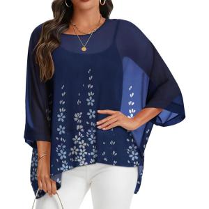 imageCHICGAL Womens Beach Cover ups Chiffon Poncho Tops Batwing Sleeve Casual Loose Fit Summer BlousesFive Petal Flower