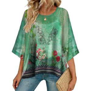 imageCHICGAL Womens Beach Cover ups Chiffon Poncho Tops Batwing Sleeve Casual Loose Fit Summer BlousesGreen Boho