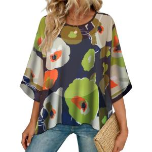 imageCHICGAL Womens Beach Cover ups Chiffon Poncho Tops Batwing Sleeve Casual Loose Fit Summer BlousesGreen Flowers