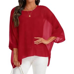 imageCHICGAL Womens Beach Cover ups Chiffon Poncho Tops Batwing Sleeve Casual Loose Fit Summer BlousesRed