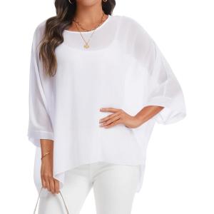 imageCHICGAL Womens Beach Cover ups Chiffon Poncho Tops Batwing Sleeve Casual Loose Fit Summer BlousesWhite