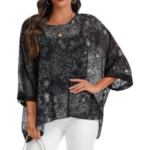 imageCHICGAL Womens Beach Cover ups Chiffon Poncho Tops Batwing Sleeve Casual Loose Fit Summer BlousesWhite Lines Flower