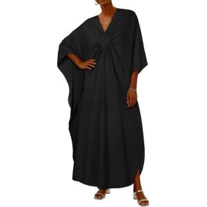 imageCHICGAL Womens Kaftan Dresses Long Caftans Plus Size Batwing Sleeve Swimsuit Coverup V Neck Summer Beach DressBlack