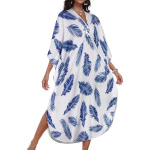 imageCHICGAL Womens Kaftan Dresses Long Caftans Plus Size Batwing Sleeve Swimsuit Coverup V Neck Summer Beach DressBlue Feather Leaves