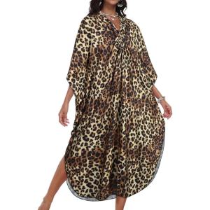 imageCHICGAL Womens Kaftan Dresses Long Caftans Plus Size Batwing Sleeve Swimsuit Coverup V Neck Summer Beach DressBrown Leopard Spots