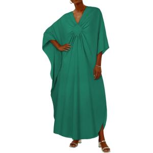 imageCHICGAL Womens Kaftan Dresses Long Caftans Plus Size Batwing Sleeve Swimsuit Coverup V Neck Summer Beach DressGreen