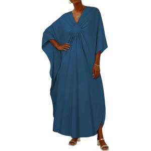 imageCHICGAL Womens Kaftan Dresses Long Caftans Plus Size Batwing Sleeve Swimsuit Coverup V Neck Summer Beach DressPeacock Blue