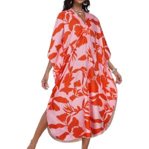 imageCHICGAL Womens Kaftan Dresses Long Caftans Plus Size Batwing Sleeve Swimsuit Coverup V Neck Summer Beach DressRed Flowers