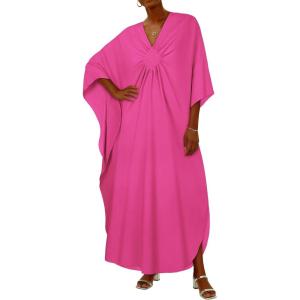 imageCHICGAL Womens Kaftan Dresses Long Caftans Plus Size Batwing Sleeve Swimsuit Coverup V Neck Summer Beach DressRose Pink