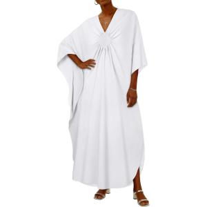 imageCHICGAL Womens Kaftan Dresses Long Caftans Plus Size Batwing Sleeve Swimsuit Coverup V Neck Summer Beach DressWhite