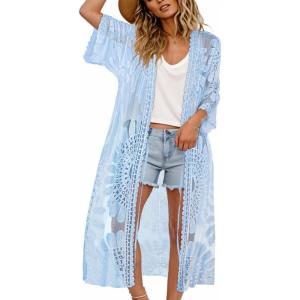 imageCHICGAL Womens Swimsuit Coverup Lace Bathing Suit Cover Up Beach Kimonos Long Cardigan Open Front SwimwearBlue