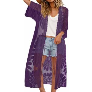 imageCHICGAL Womens Swimsuit Coverup Lace Bathing Suit Cover Up Beach Kimonos Long Cardigan Open Front SwimwearDark Purple