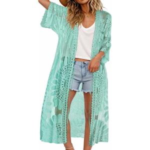 imageCHICGAL Womens Swimsuit Coverup Lace Bathing Suit Cover Up Beach Kimonos Long Cardigan Open Front SwimwearMint Green