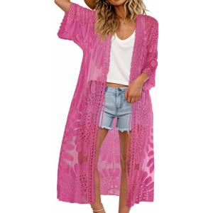 imageCHICGAL Womens Swimsuit Coverup Lace Bathing Suit Cover Up Beach Kimonos Long Cardigan Open Front SwimwearRose Pink