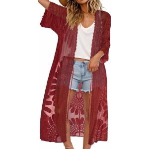 imageCHICGAL Womens Swimsuit Coverup Lace Bathing Suit Cover Up Beach Kimonos Long Cardigan Open Front SwimwearWine Red