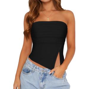 imageTube Top Strapless Mesh Floral Crop Tops Asymmetrical Hem Ruched Bandeau Going Out Summer Sleeveless ShirtsA Solid Black